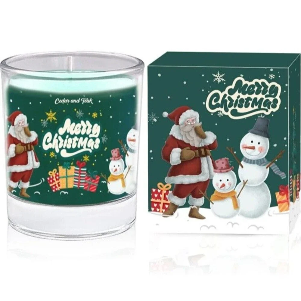 Cedar & Teak Scented 8 oz Smokeless Soy Wax Candle Glass Jar Merry Christmas NEW